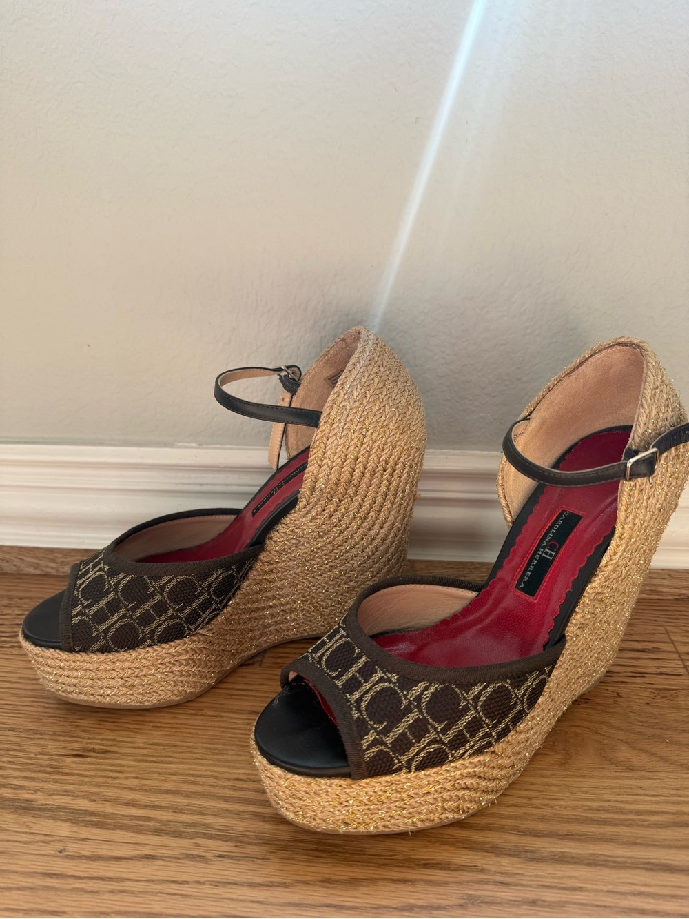 Carolina Herrera Brown Woven Espadrille Wedge Sandals with Red Insole